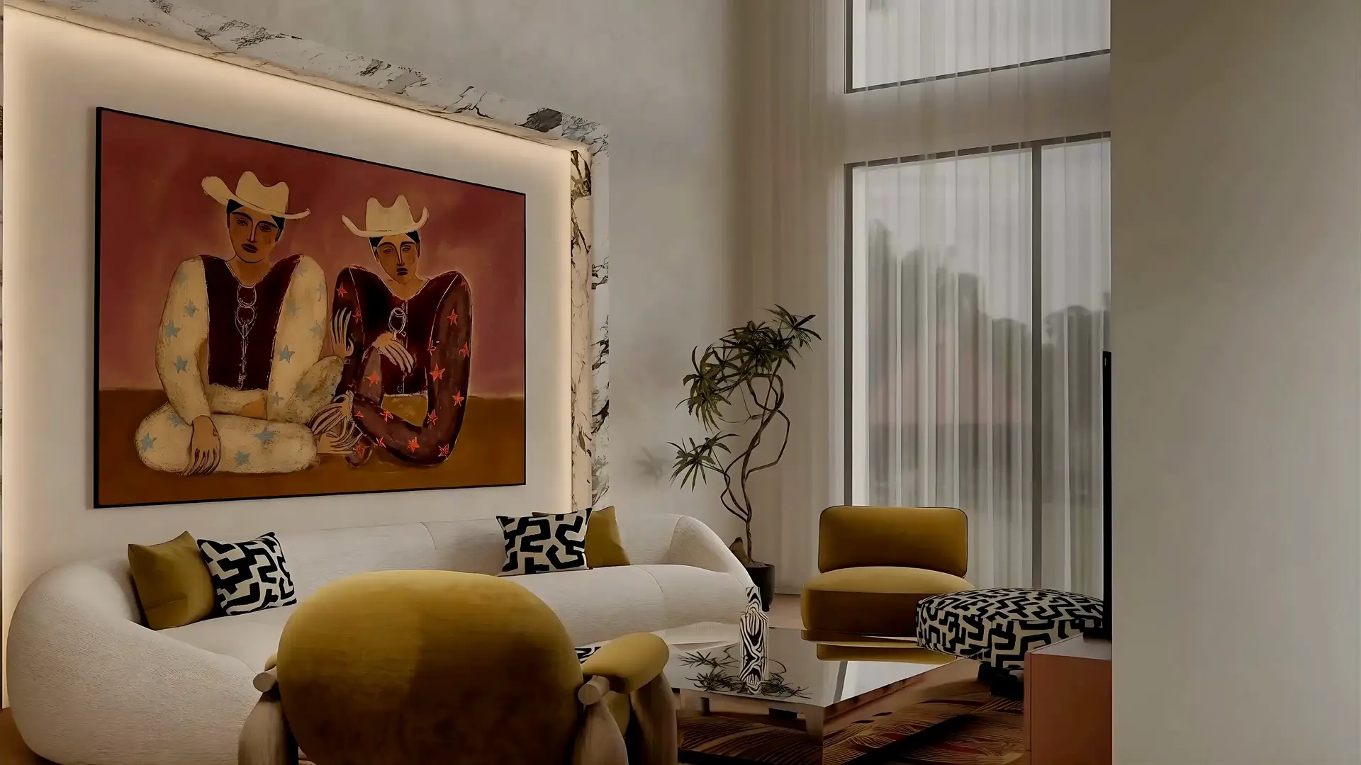 The Palazzo Linear living room: a curved bouclé sofa beneath a large painting on a backlit marble wall