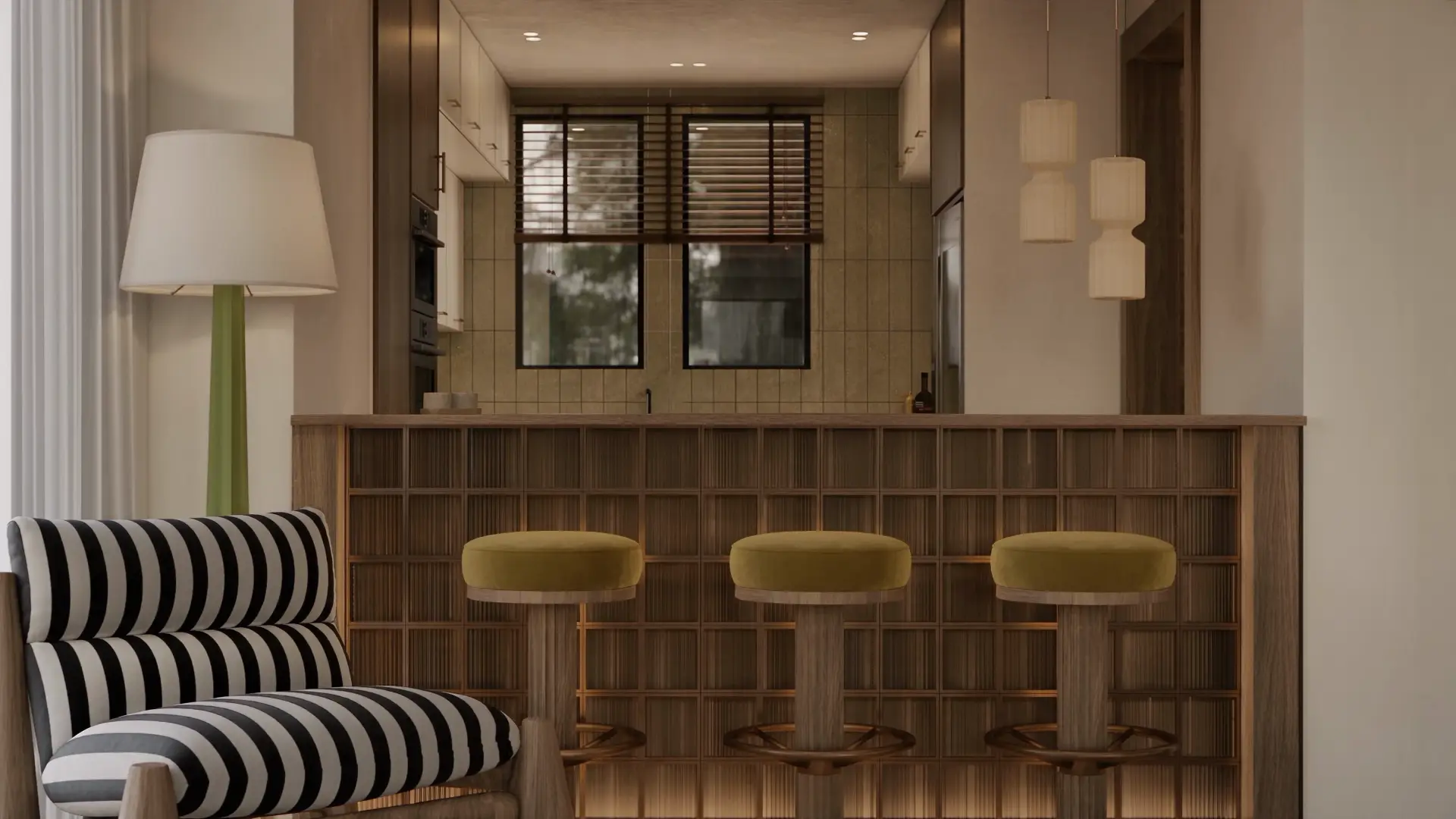Walnut slatted bar with three olive velvet stools and paper pendant lights