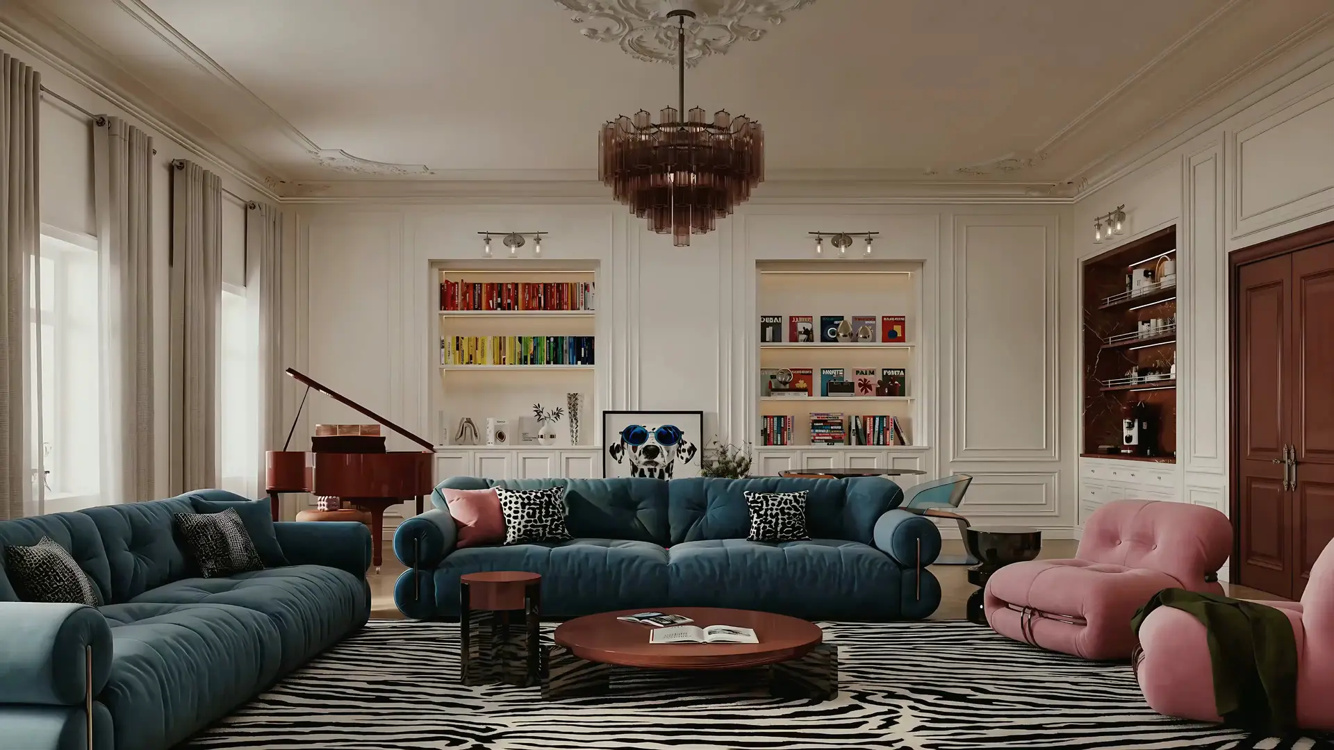 Swan Lake living room: teal velvet sofas under a pink glass chandelier, with a red grand piano