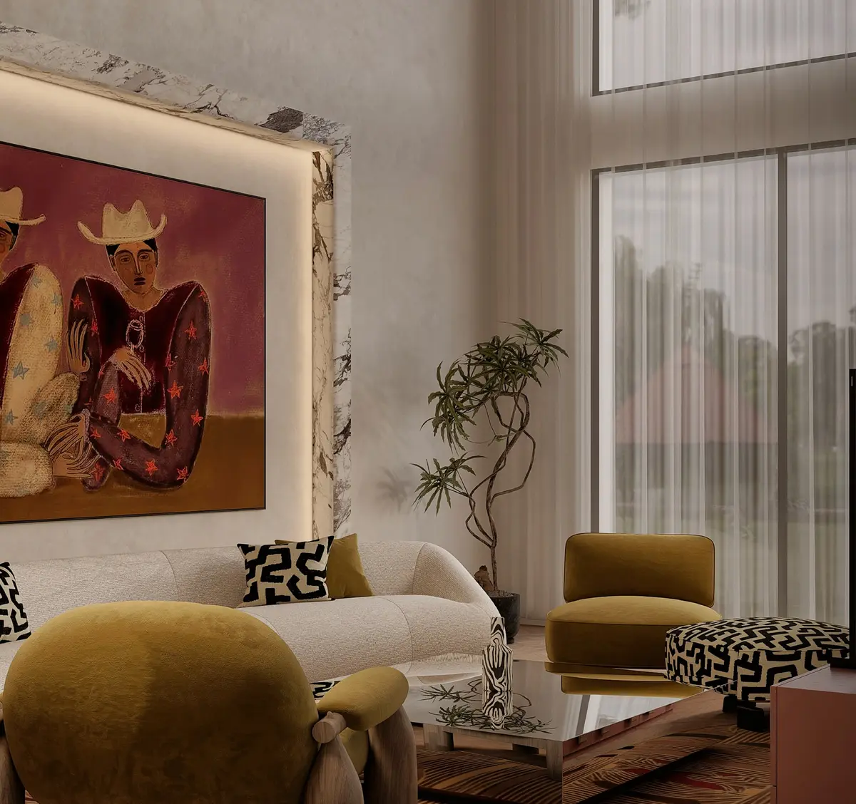Palazzo Linear living room: curved bouclé sofa and olive velvet armchairs under a large painting on a backlit marble wall