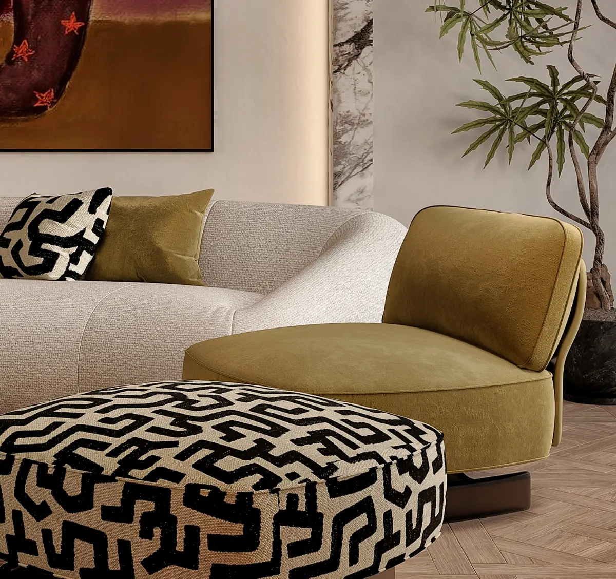 Close-up of the olive velvet armchair, bouclé sofa and black-and-white patterned ottoman