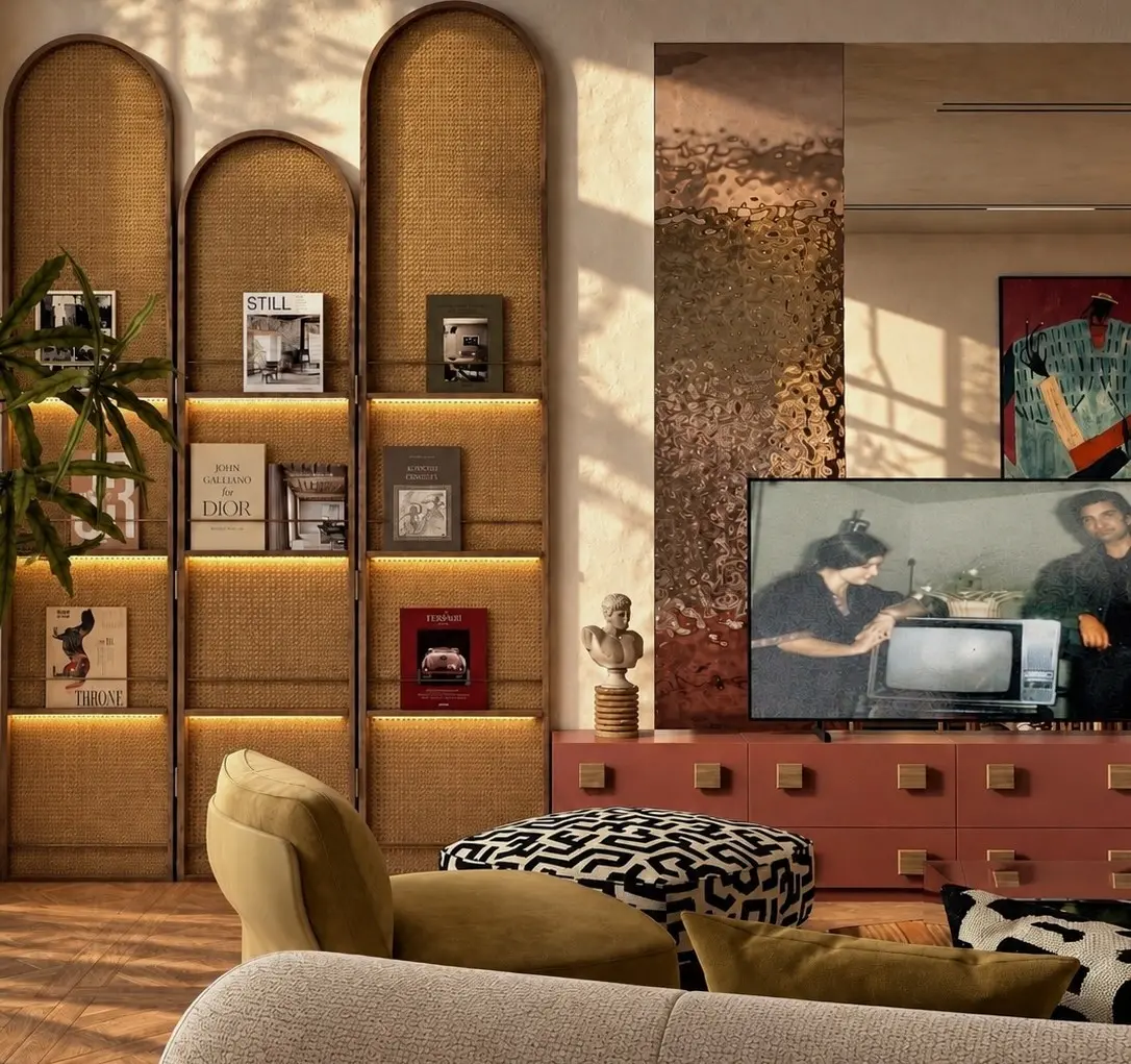 Arched cane shelves with warm backlighting beside a terracotta TV console