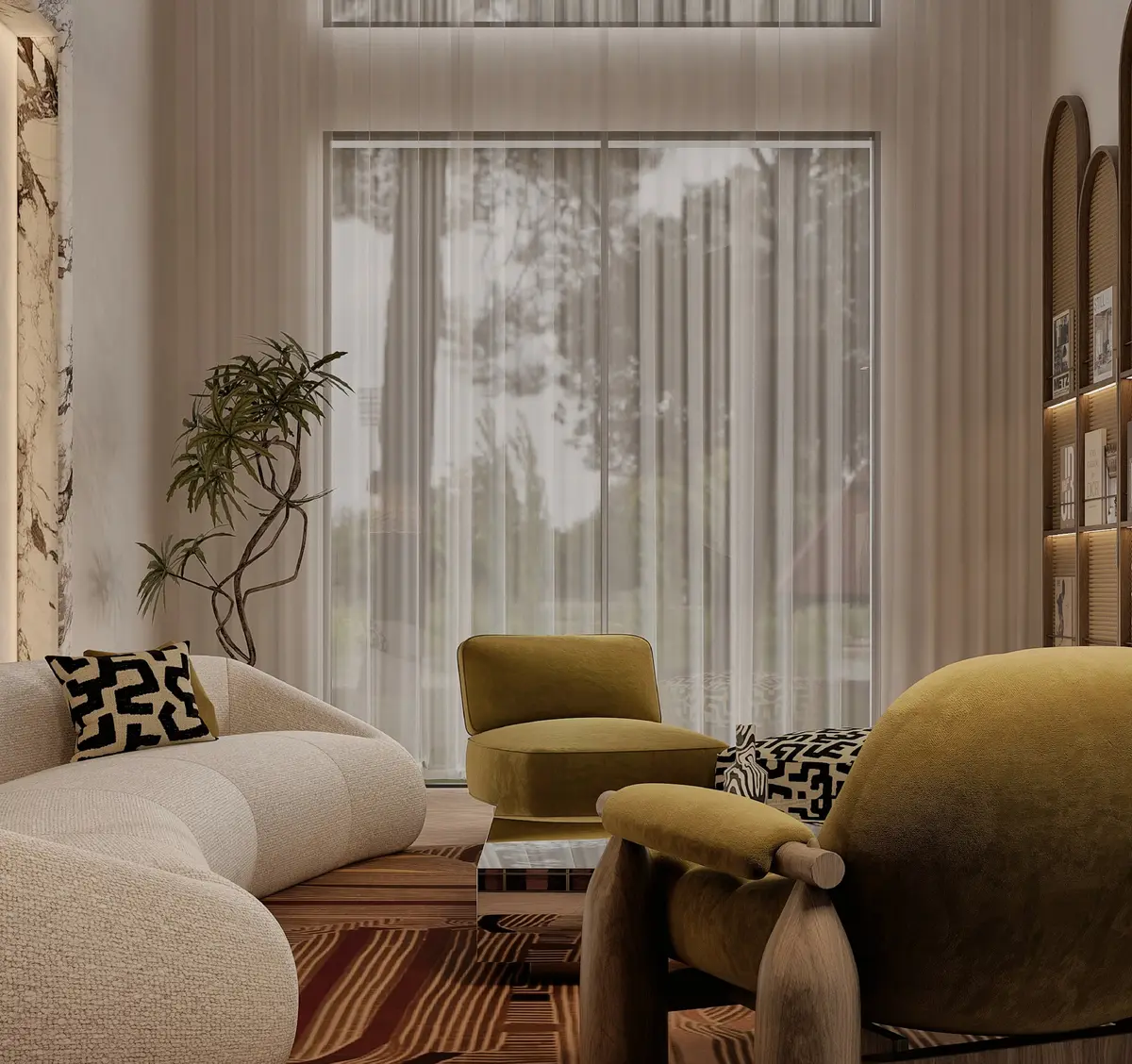 Wide view of the Palazzo Linear living room with tall sheer-curtained windows