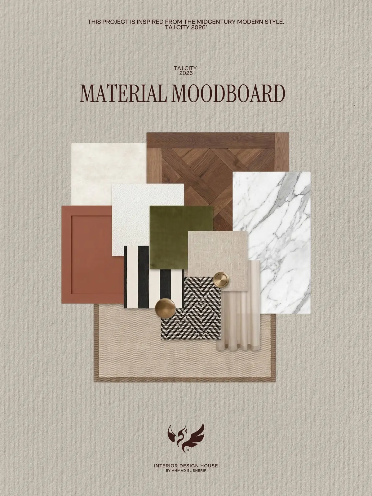 Palazzo Linear material moodboard: terracotta, walnut parquet, marble, olive velvet and black-and-white stripes