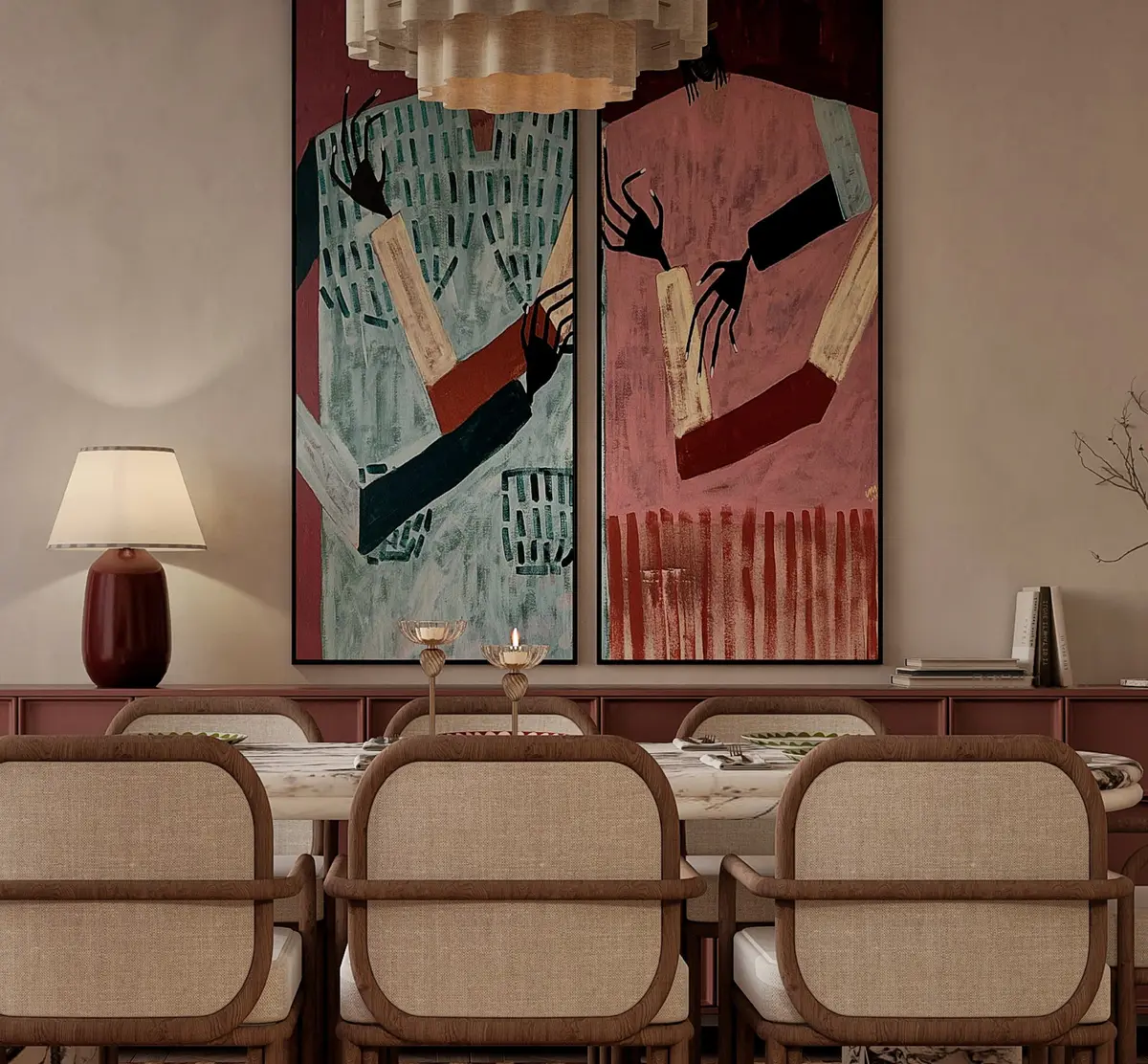 Dining room with cane-back chairs, a marble table and a two-panel abstract painting