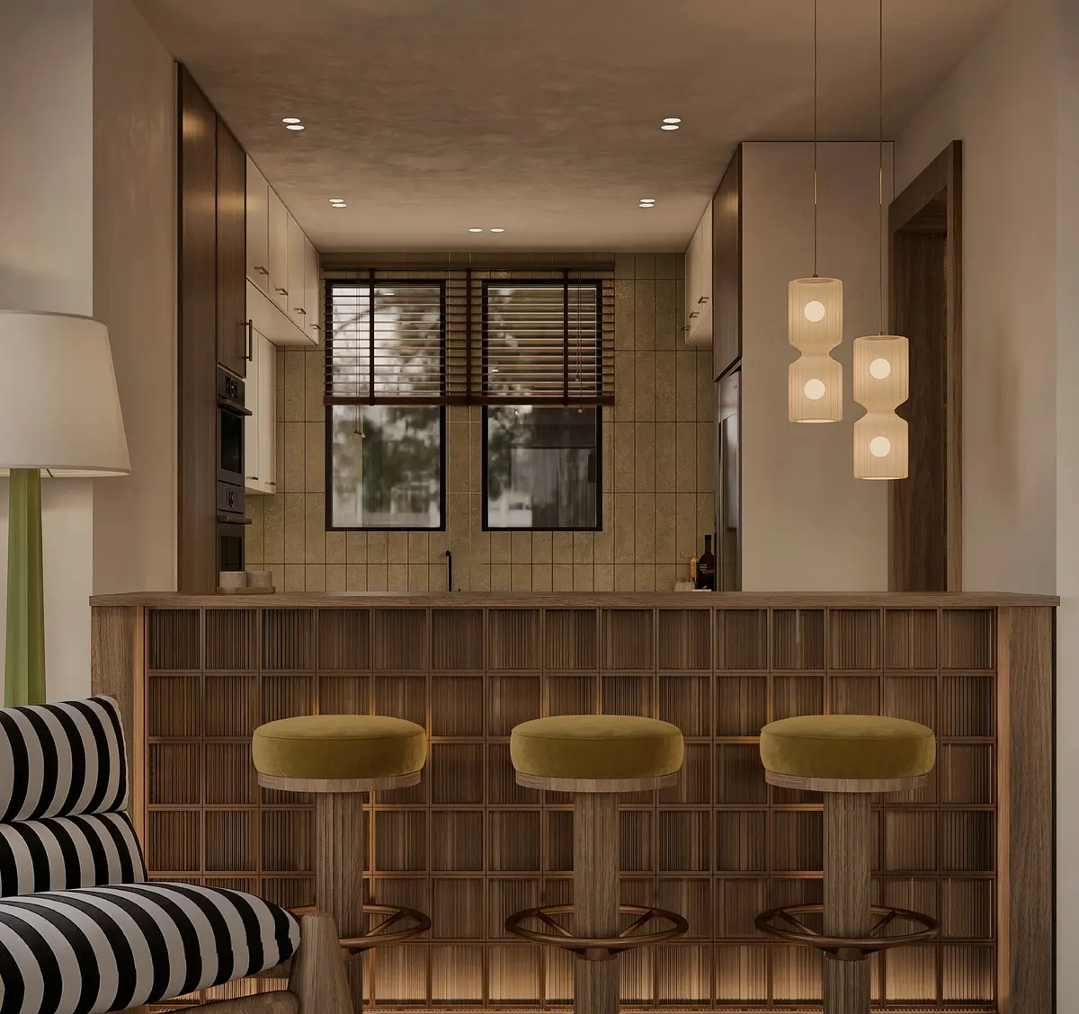 Walnut slatted bar with three olive velvet stools and paper pendant lights