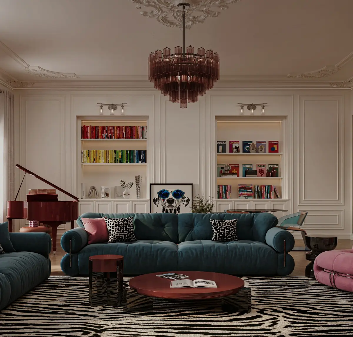 Swan Lake living room: teal velvet sofas under a pink glass chandelier, with a red grand piano