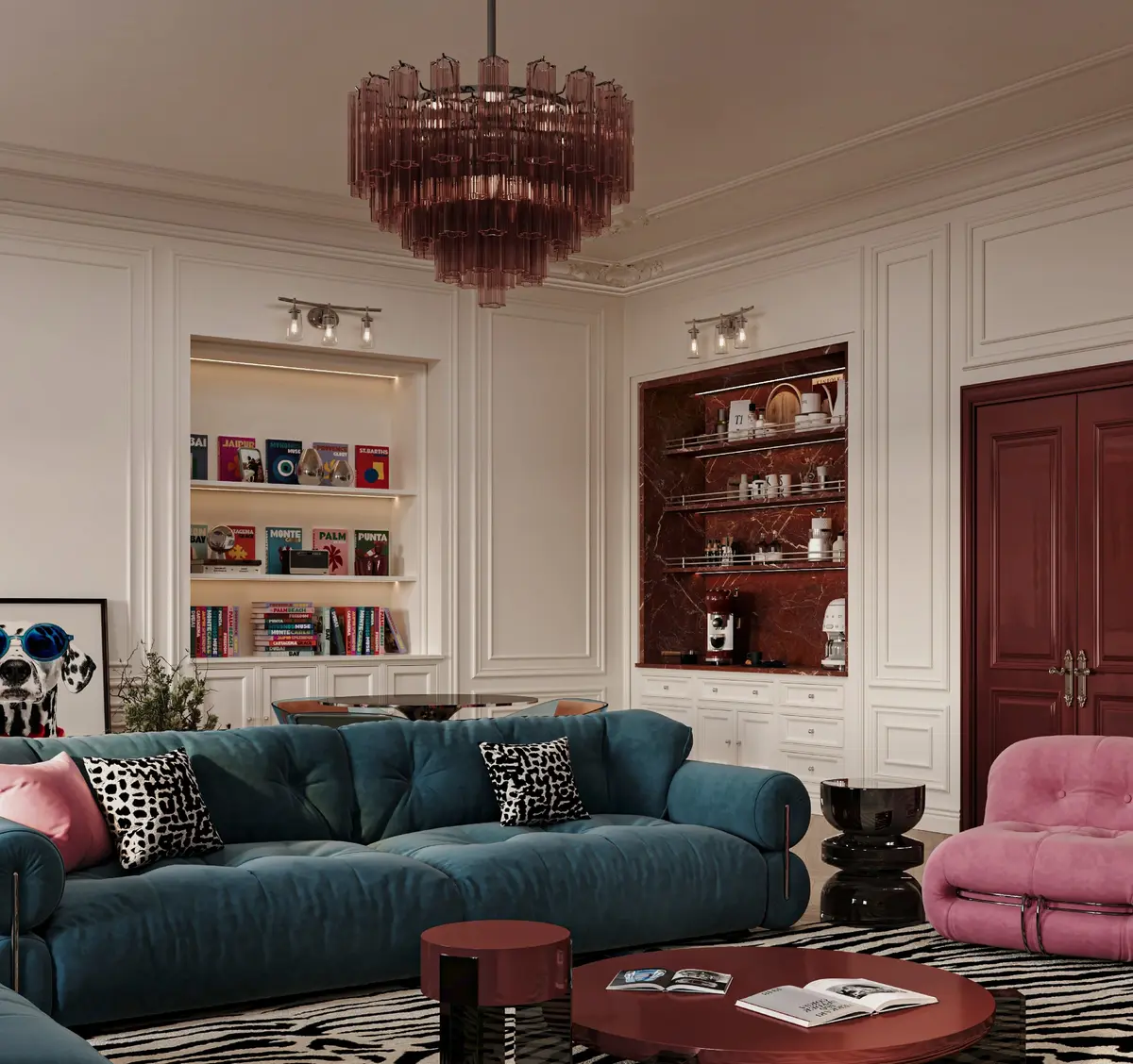 Teal velvet sofas, a pink armchair and a lacquered red coffee table on a zebra rug