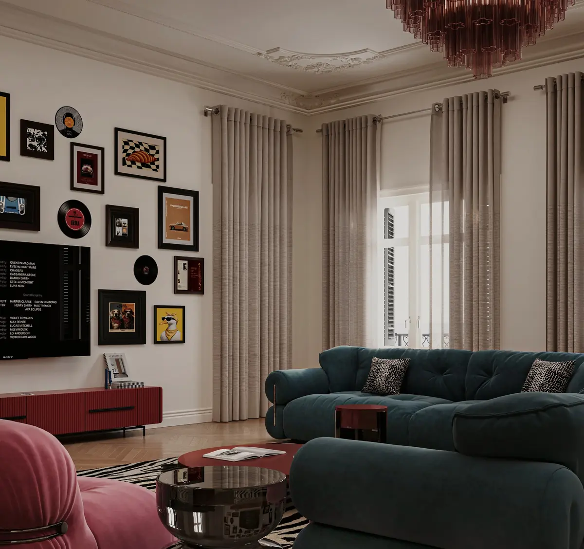 Gallery wall of framed records and prints beside tall curtained windows