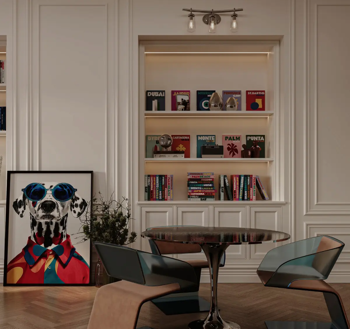 Reading corner with a Dalmatian portrait, a bistro table and a lit bookshelf niche